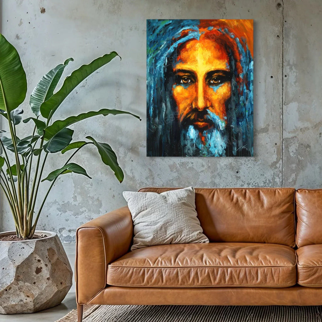 Framed portrait print of a bearded man in blue and orange