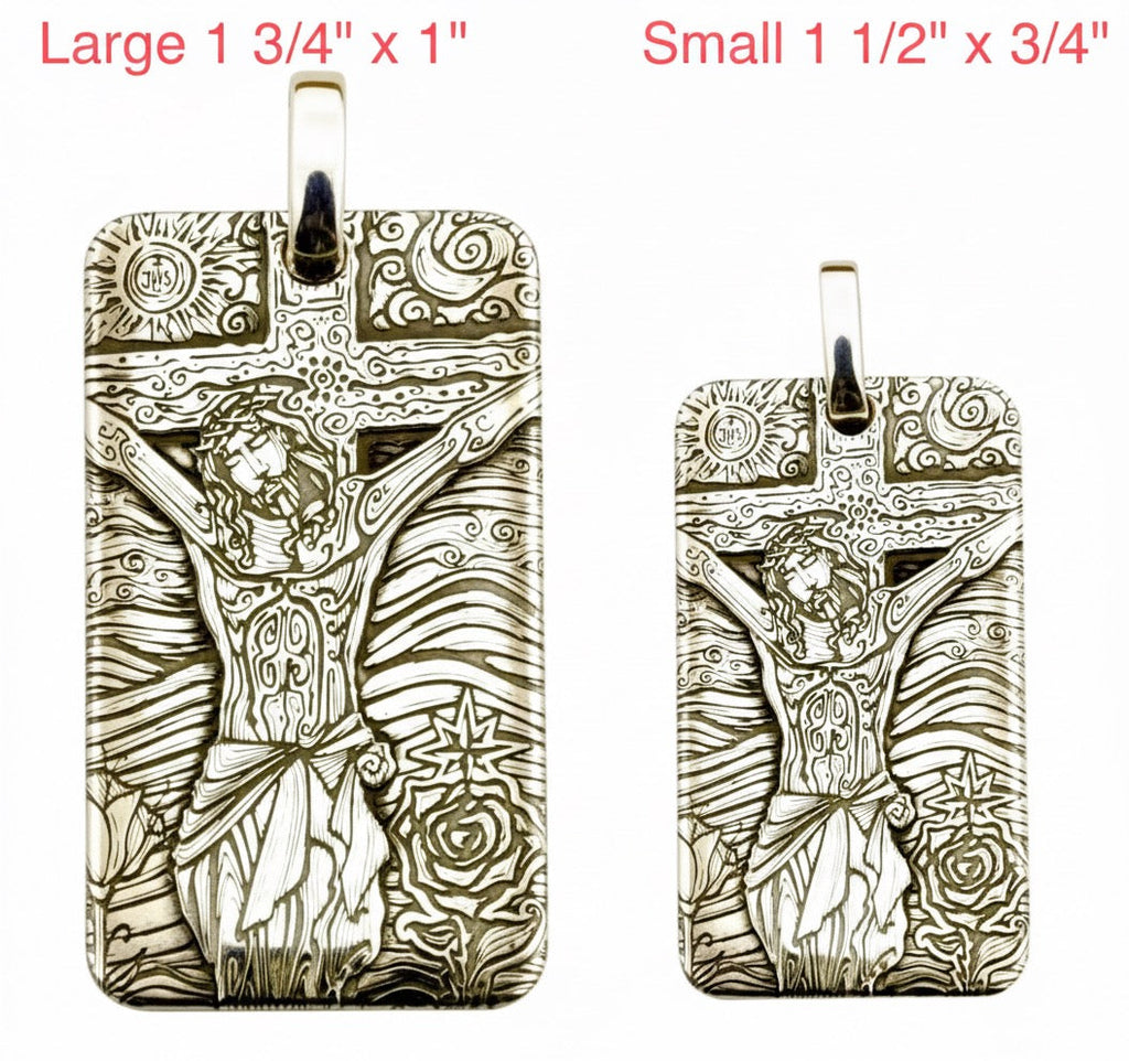 Sterling silver dog tag pendants, large and small, engraved Jesus cross designs