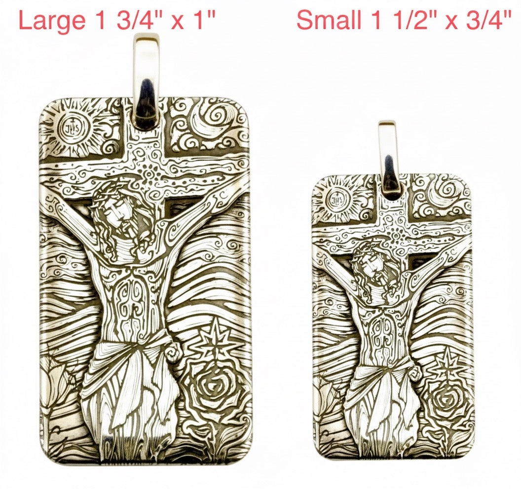 Sterling silver dog tag pendants, large and small, engraved Jesus cross designs