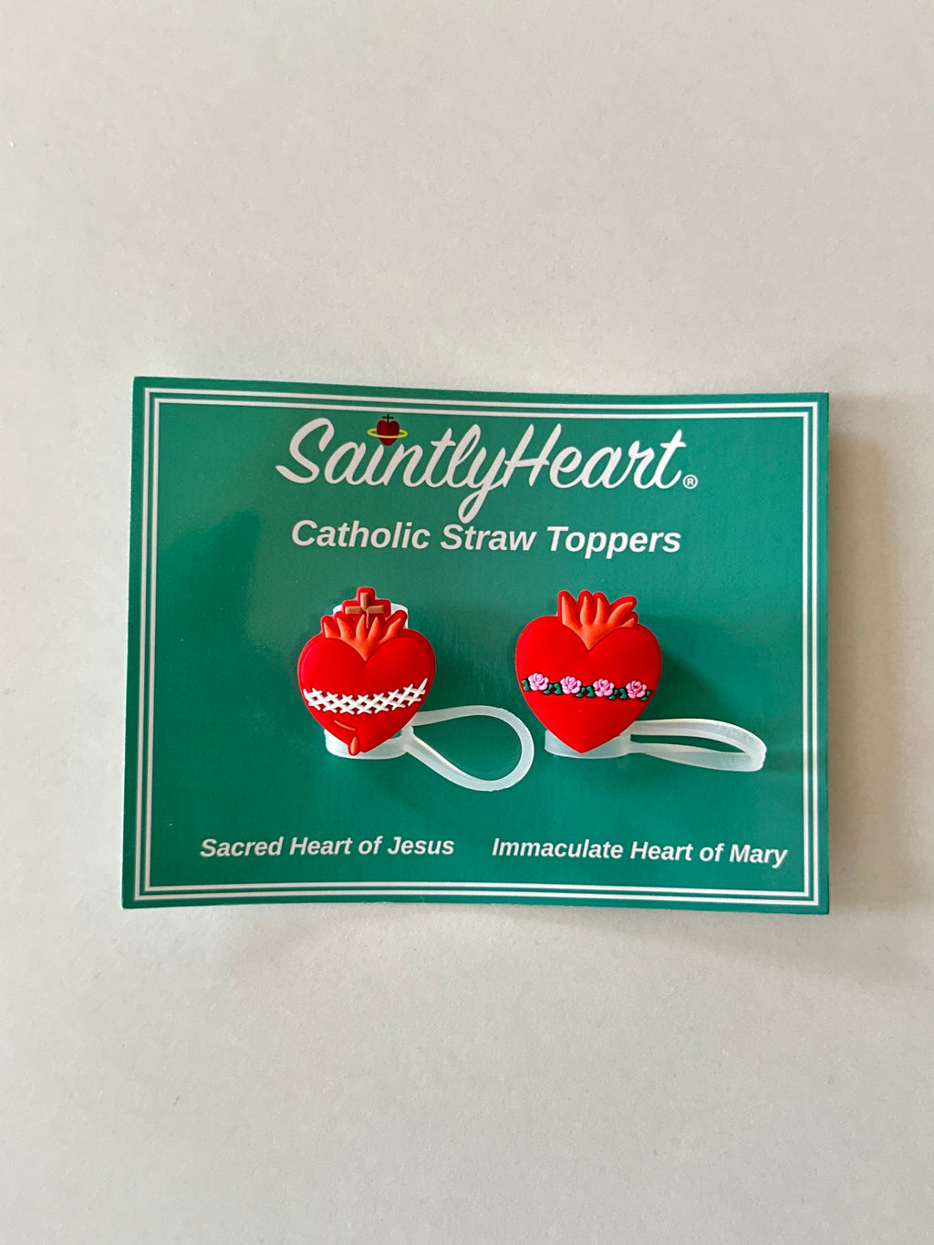 Catholic straw topper card showing two red heart designs: Sacred Heart and Immaculate Heart