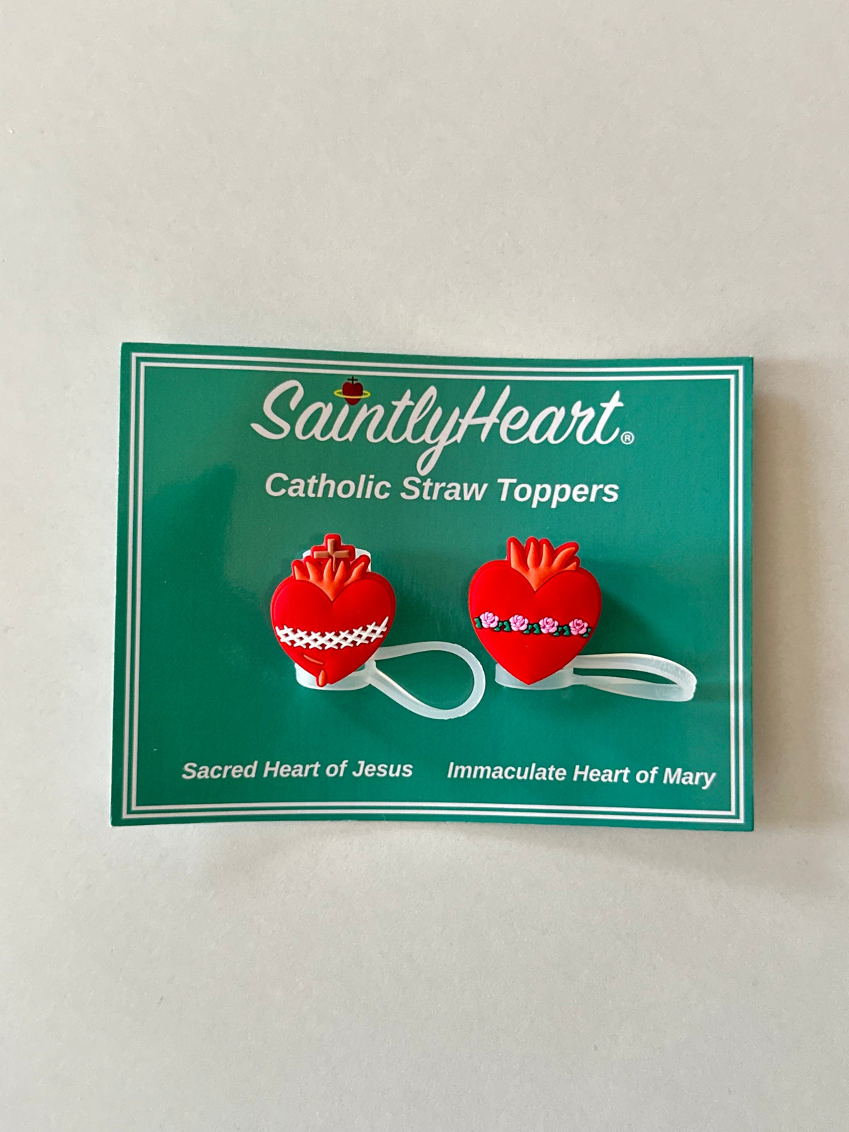 Catholic straw topper card showing two red heart designs: Sacred Heart and Immaculate Heart