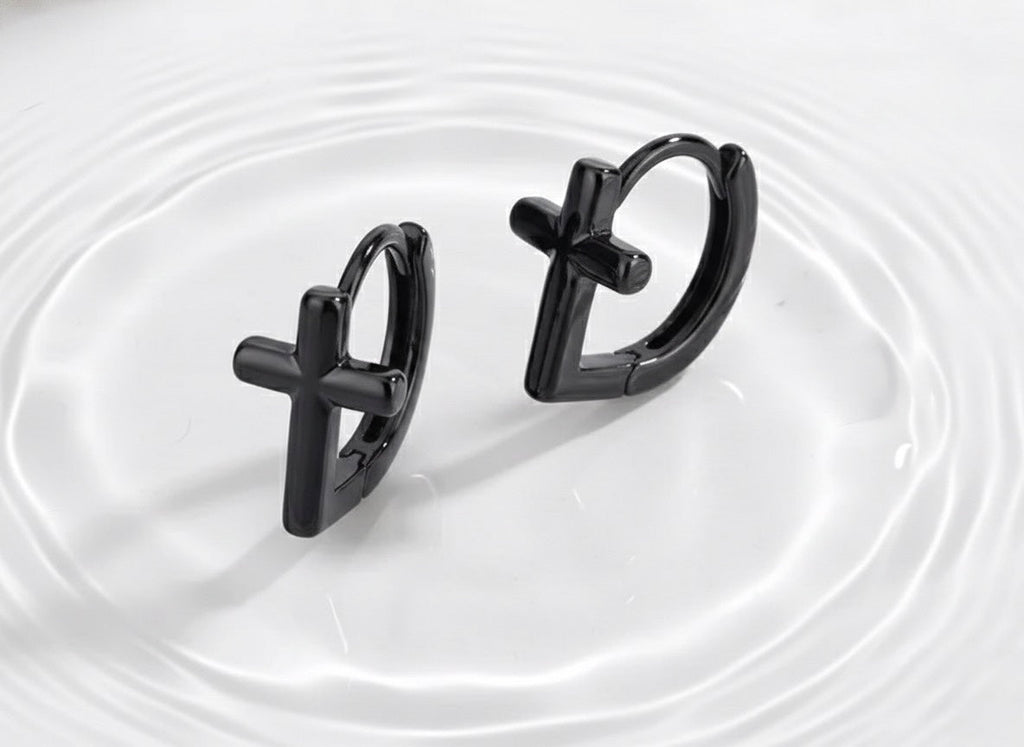 Black cross hoop cuff earrings with hinged clasp, pair view