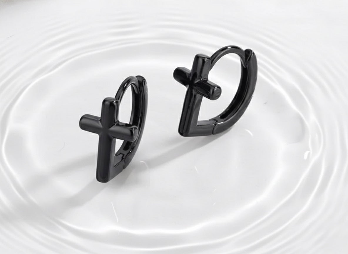 Black cross hoop cuff earrings with hinged clasp, pair view