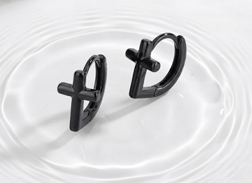 Black cross hoop cuff earrings with hinged clasp, pair view