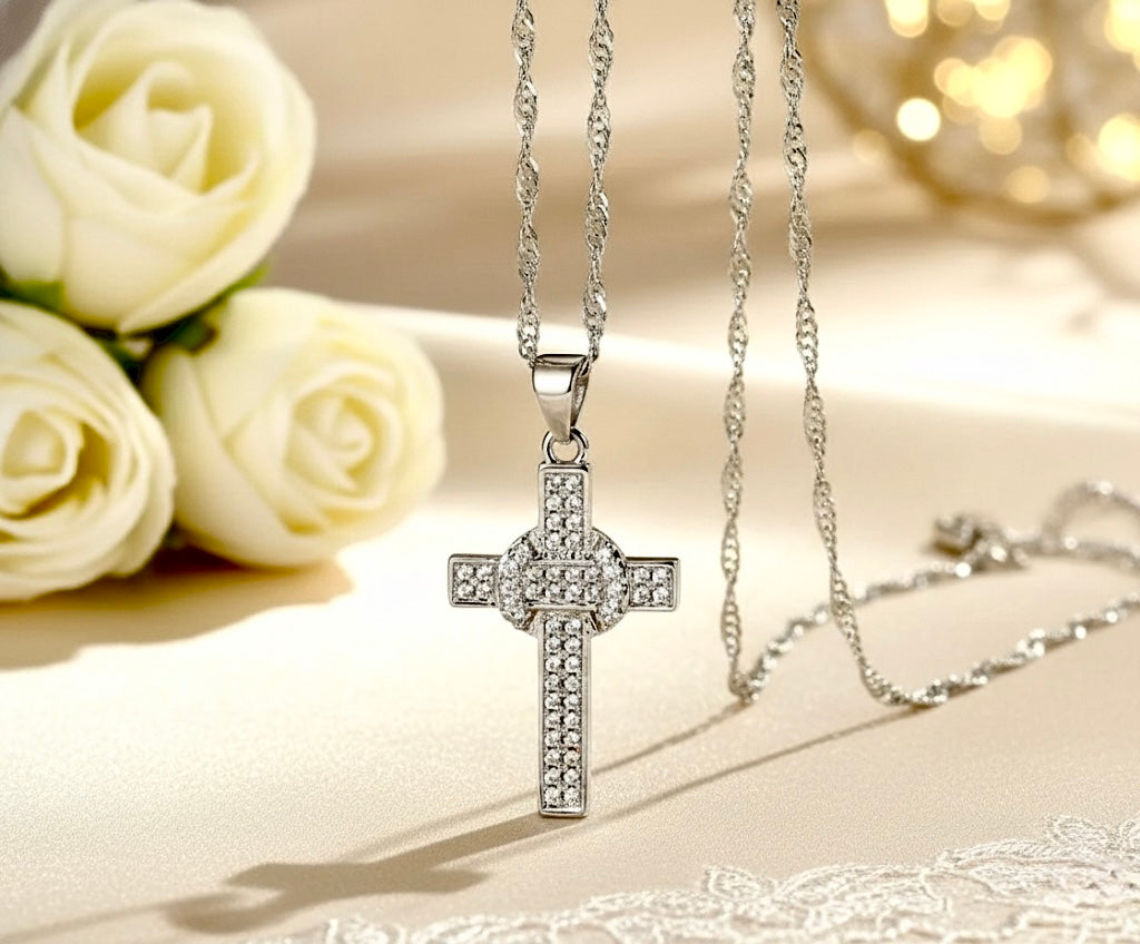 Sterling silver zircon cross pendant on chain necklace, with multiple lengths