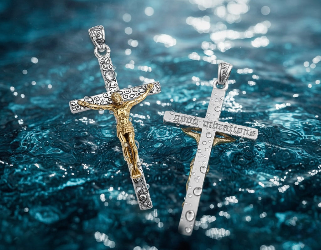 Two cross crucifix pendants with silver and gold-tone Jesus detailing