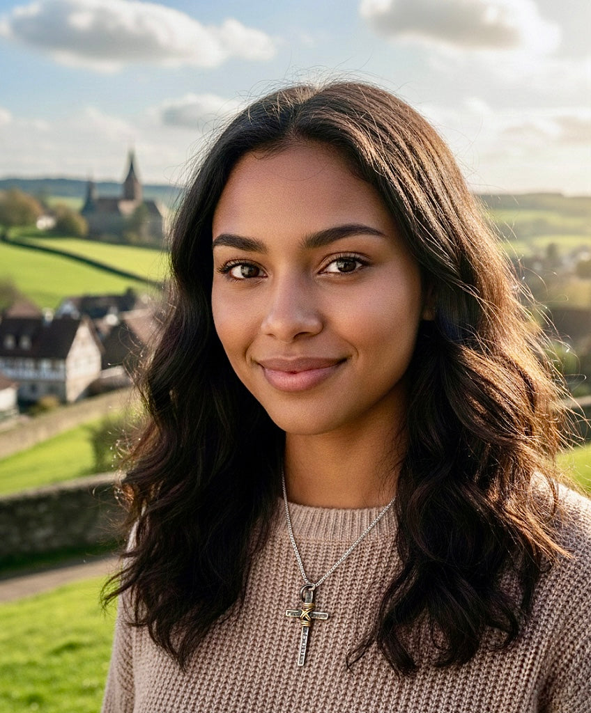 Cross pendant necklace worn by model with silver-tone chain and small cross charm