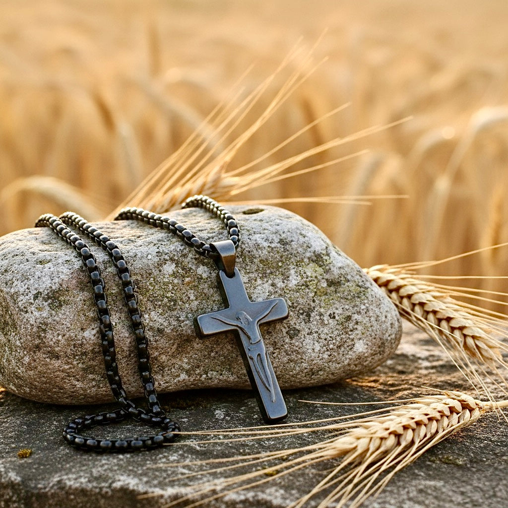 Cross pendant necklace with black beaded chains on a stone