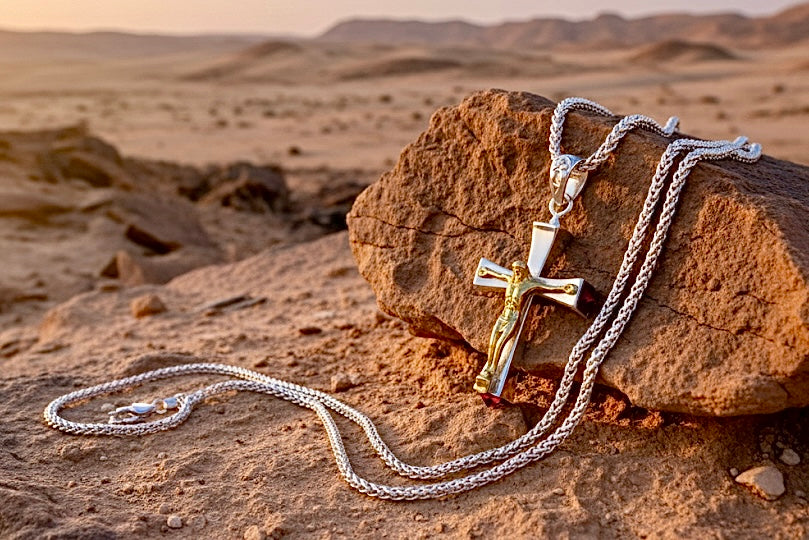 Sterling silver cross pendant necklace with red zircon on a chain