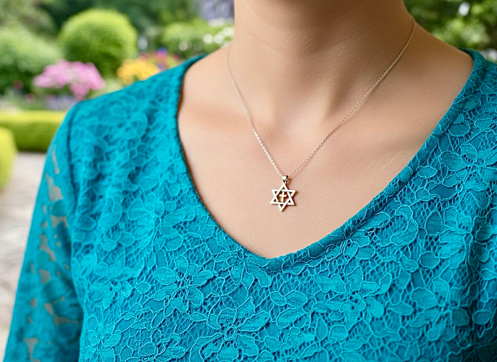 Silver Star of David necklace pendant with gold inlay cross at center