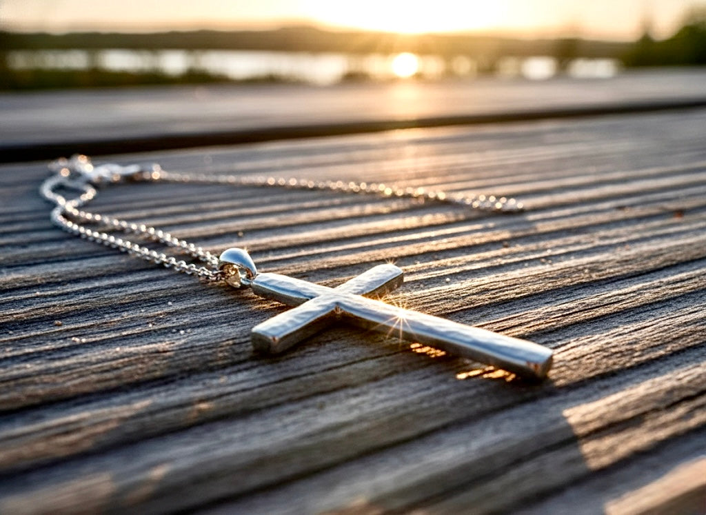 Sterling silver cross pendant necklace with chain on wooden surface