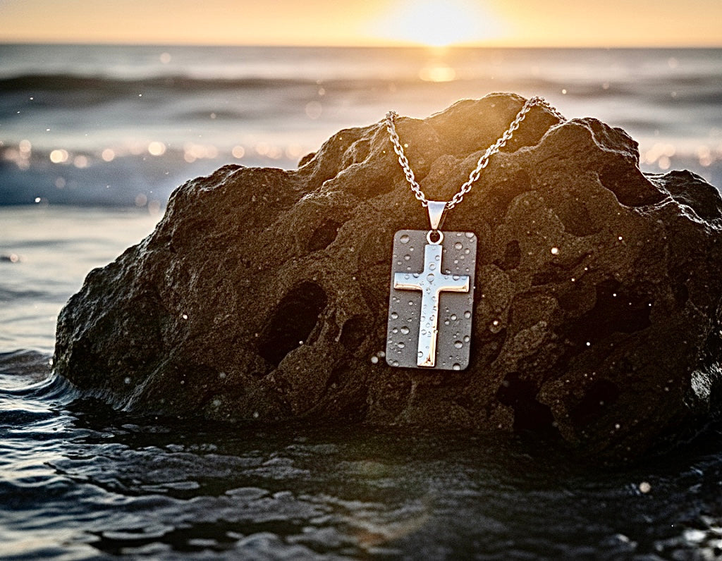 Silver cross dog tag necklace pendant on chain