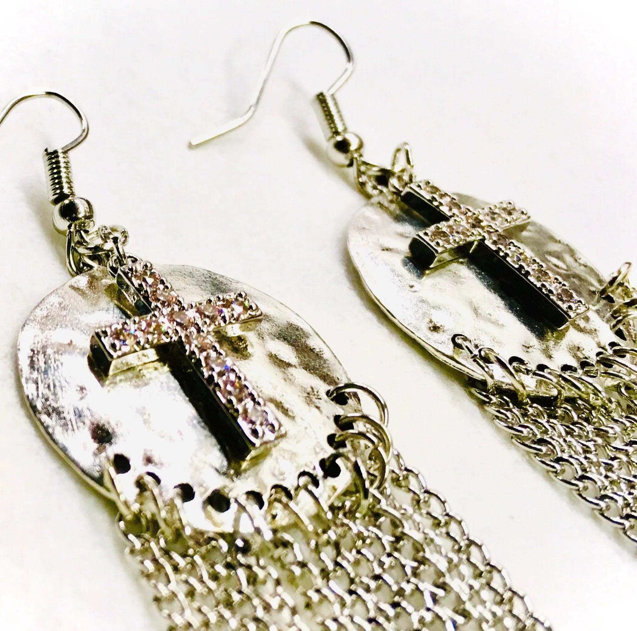 Silver hammered cross drop earrings with long chain fringe and hook backs