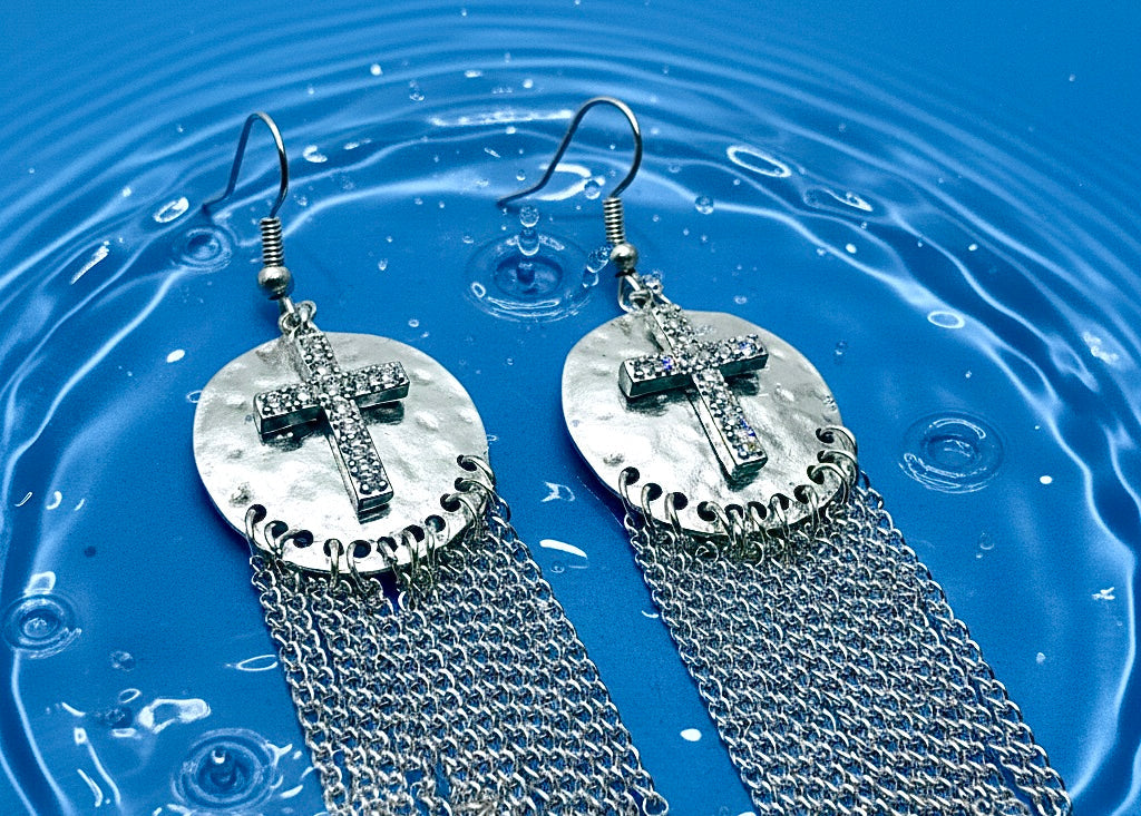 Silver hammered cross drop earrings with long chain tassel fringe