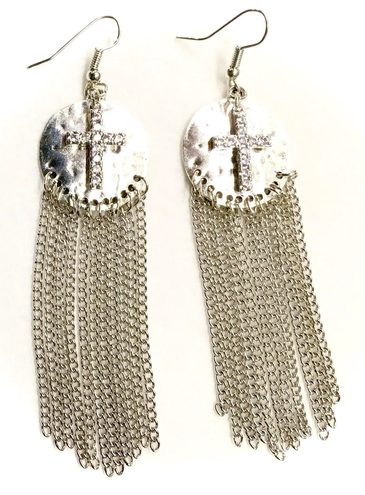 Silver hammered cross drop earrings with long chain fringe and dangling tassels