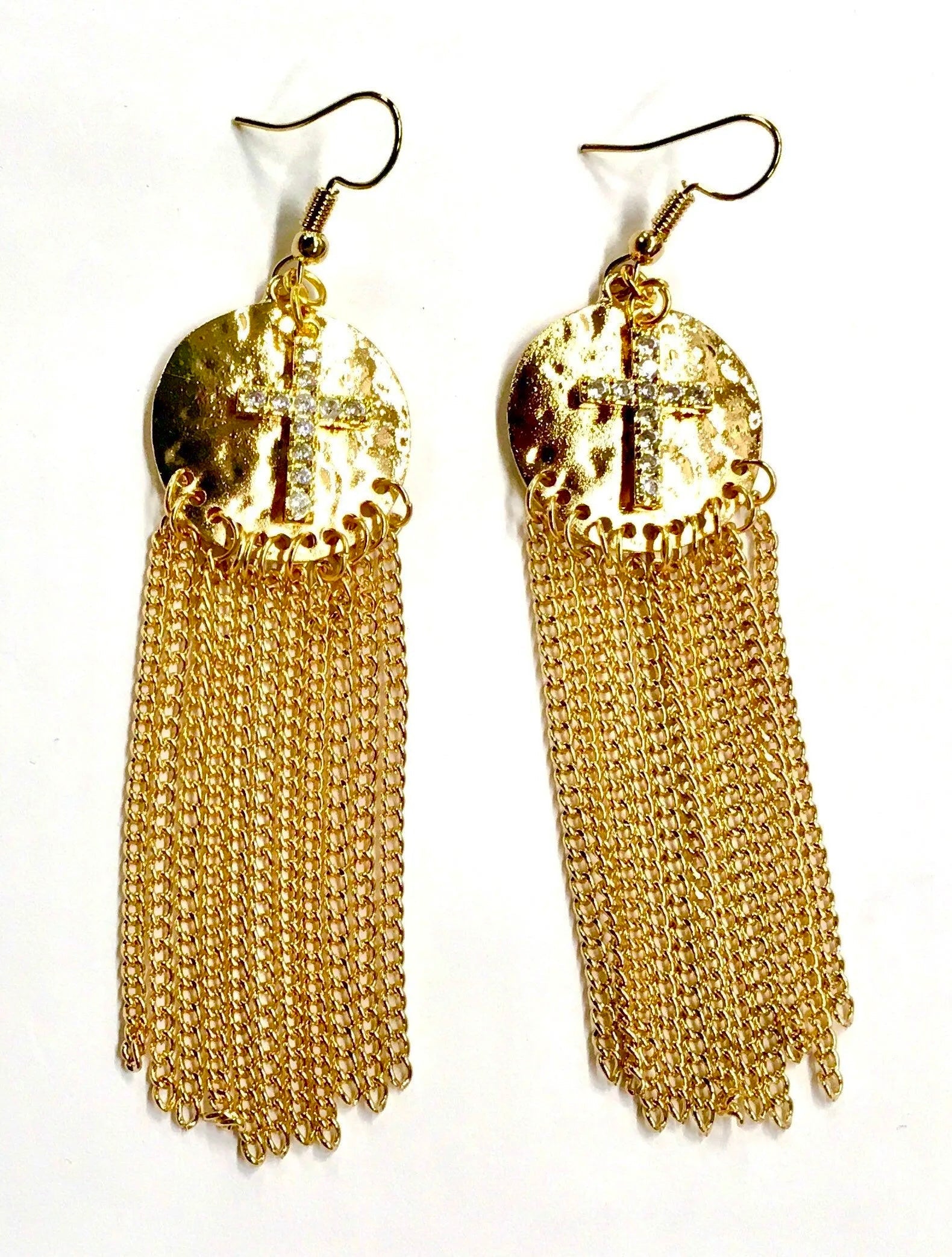 Gold hammered cross drop earrings with long chain fringe and dangling tassels