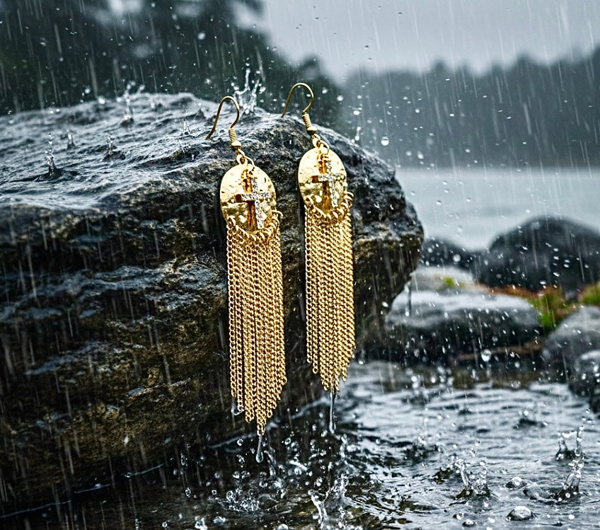 Gold hammered cross drop earrings with long chain tassel fringe
