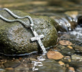 Hammered silver cross pendant necklace on fine link chain