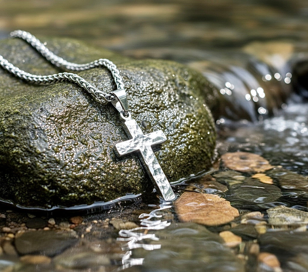 Hammered silver cross pendant necklace on fine link chain