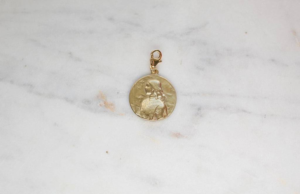 Gold St. Joan of Arc medallion pendant, round relief with loop bail at top