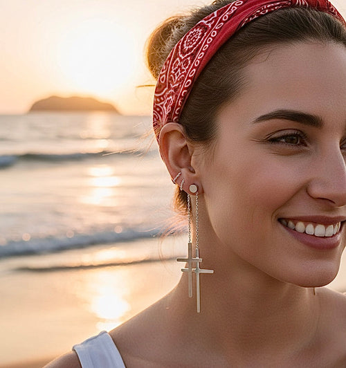 Silver double cross drop earrings with chain tassels, for pierced ears