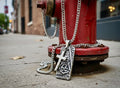 Route 66 dog tag cross necklace with curb chain and raised metal pendant