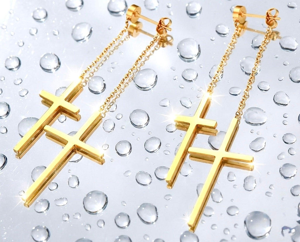 Gold double cross drop earrings with chain tassels
