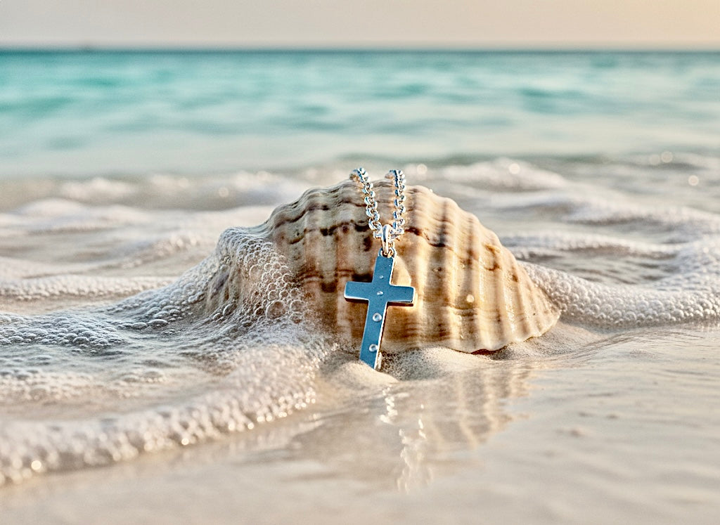 Silver cross pendant necklace with chain draped over a seashell