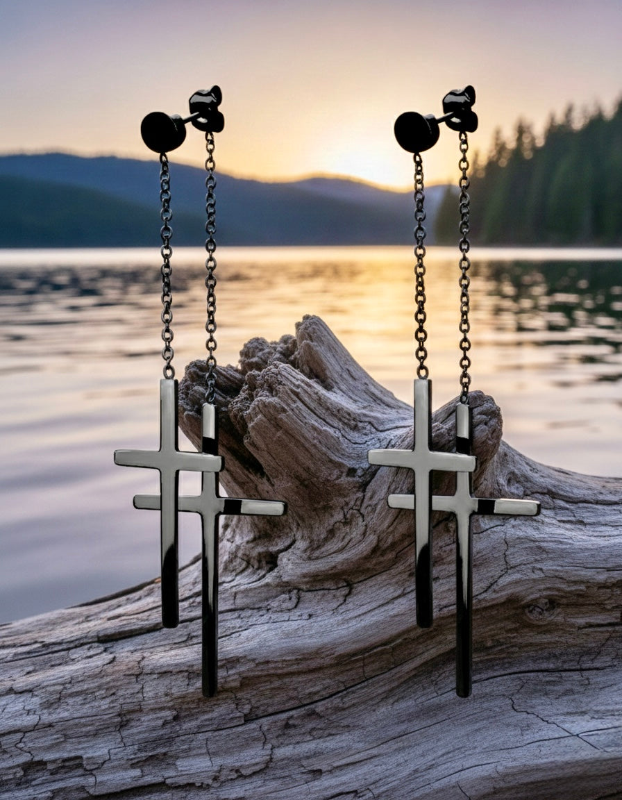 Black double cross drop earrings with chain tassels