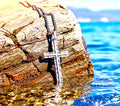 Sterling silver hammered cross necklace pendant with brass inlay, on chain