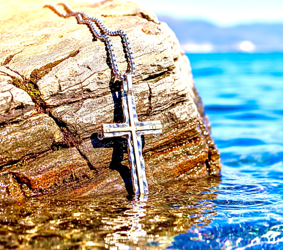 Sterling silver hammered cross necklace pendant with brass inlay, on chain