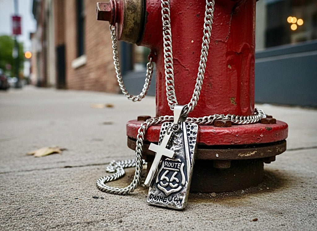 Route 66 dog tag cross necklace with curb chain and raised cross pendant