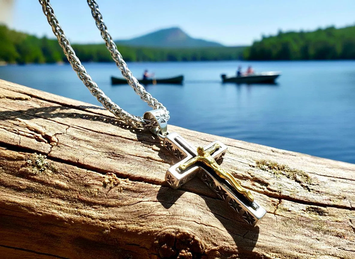 Sterling silver crucifix cross necklace with gold-tone accents and chain