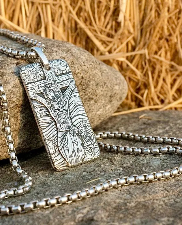 Sterling silver dog tag pendant with engraved cross and Jesus image, on chain