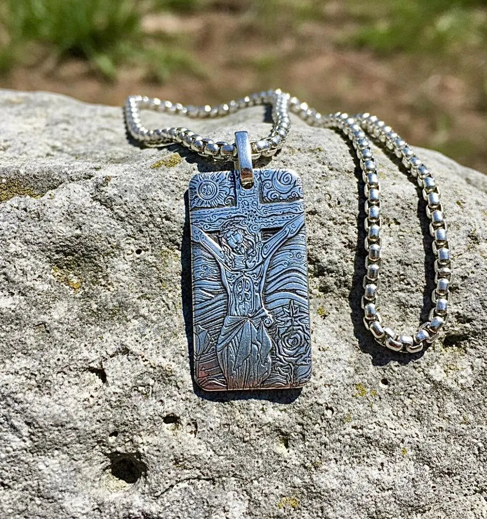 Sterling silver dog tag pendant engraved Jesus cross, on bead-link chain