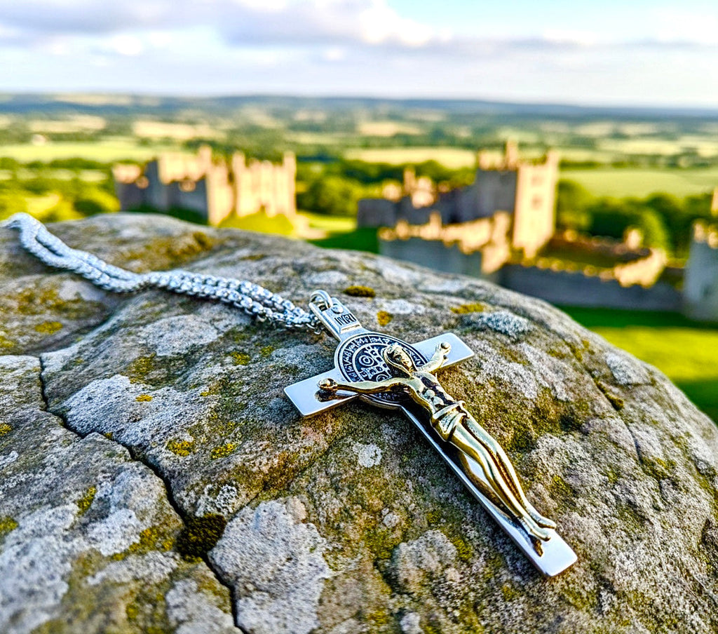 Silver and gold-tone saint Benedict cross crucifix pendant with Jesus figure
