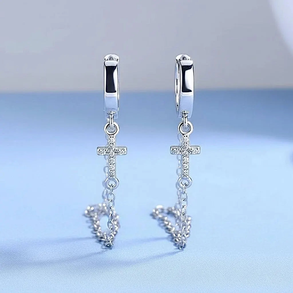 Sterling silver CZ cross drop hoop earrings with linked chain tassels