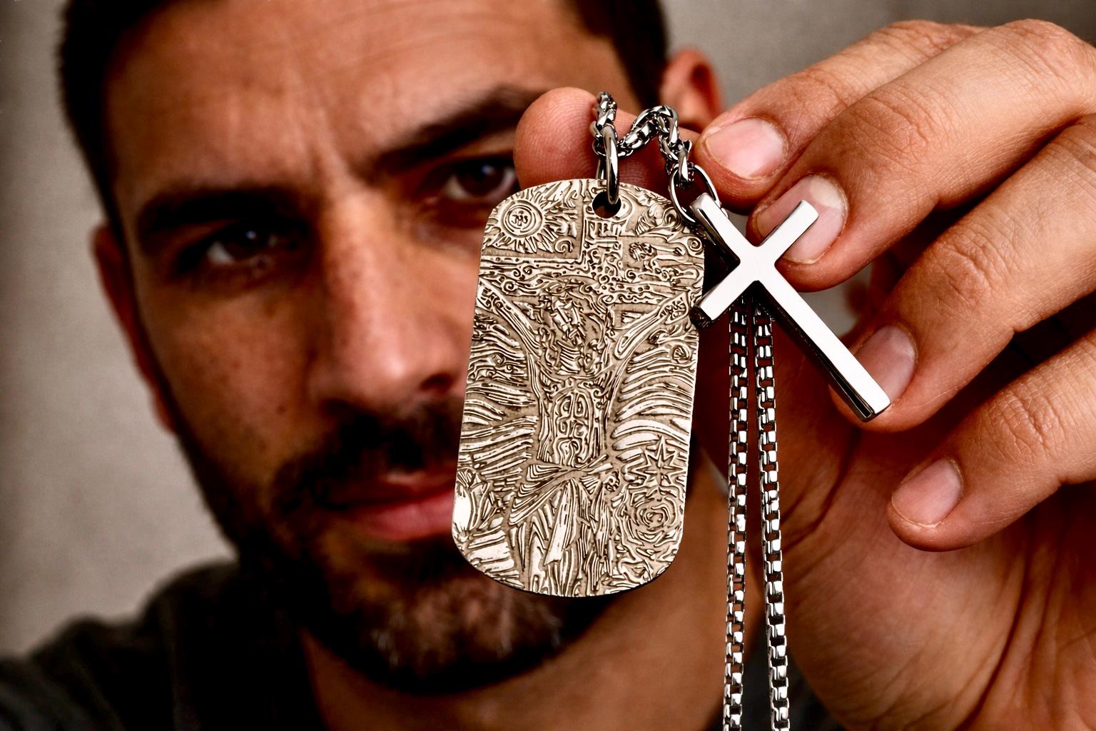 Engraved dog tag pendant with cross overlay, held with heavy chain, silver-toned