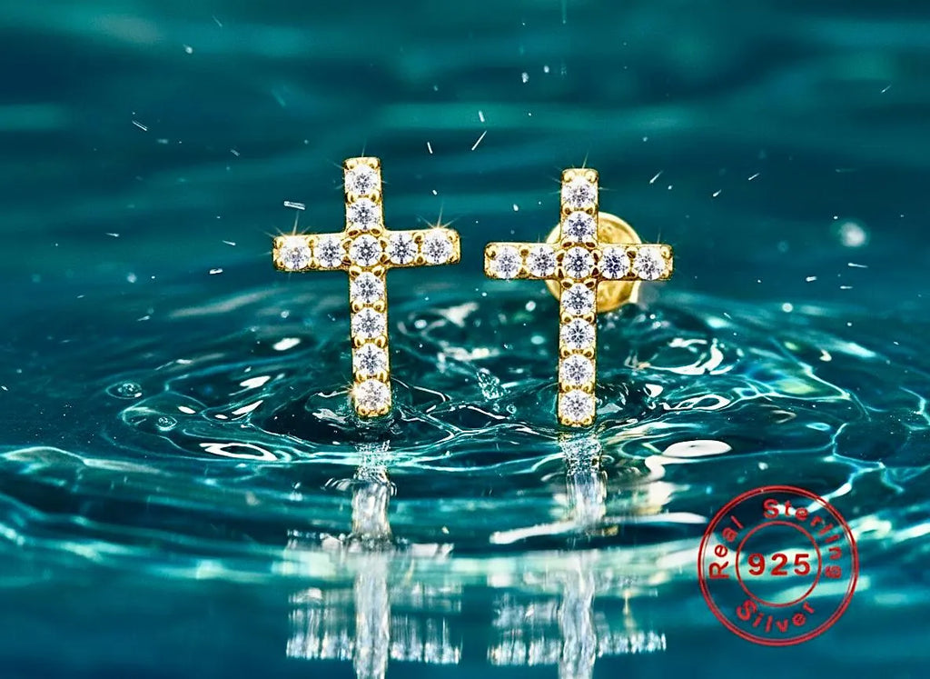 Cross stud earrings with multicolor crystal and white crystal accents