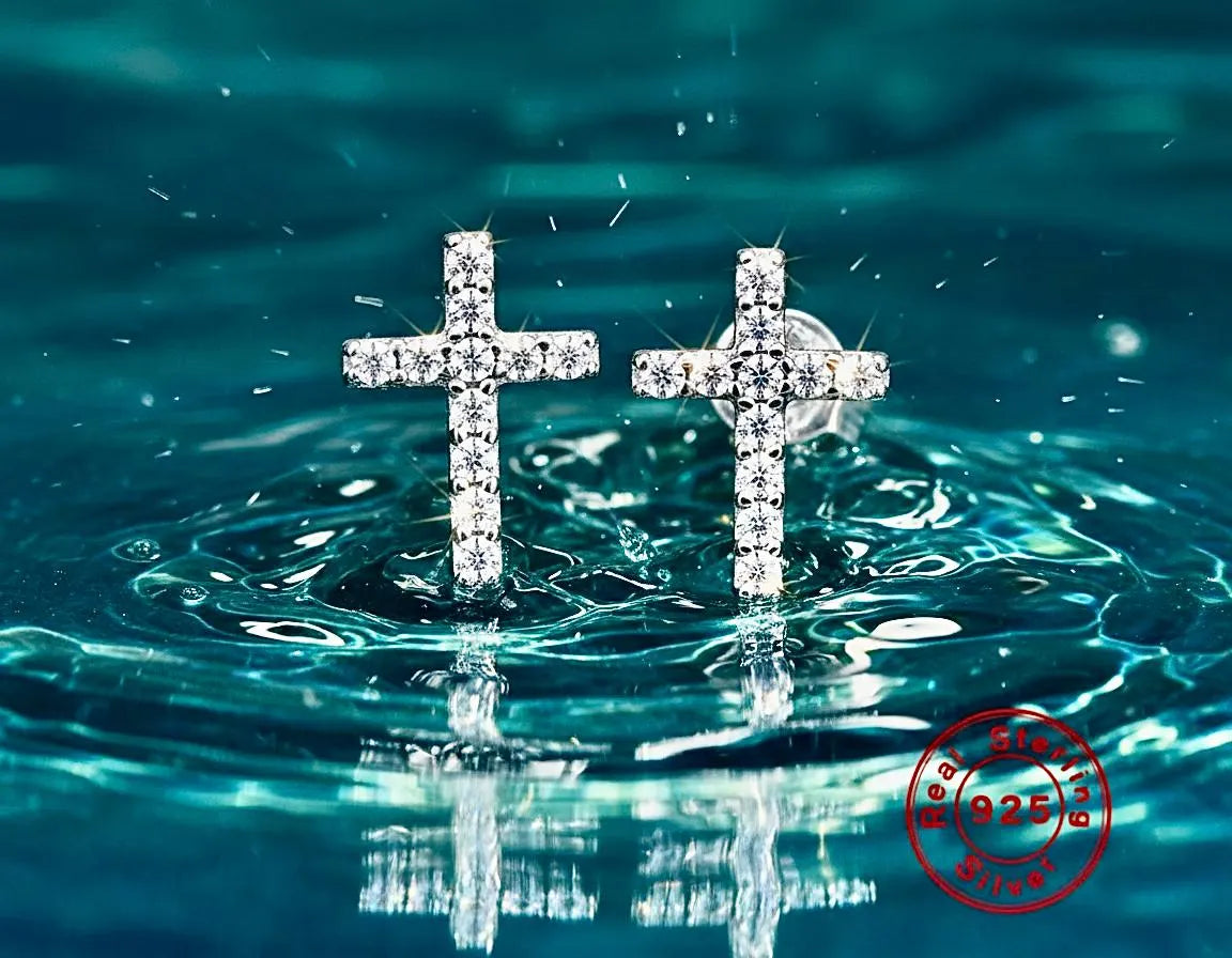 Cross stud earrings with clear sparkling crystal rows