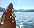 Sterling silver cross necklace with open heart and blue zircon, Jesus pendant