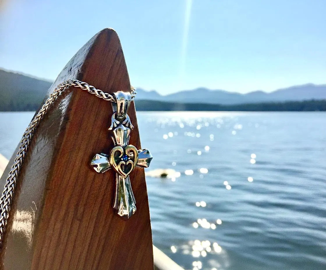 Sterling silver cross necklace with open heart and blue zircon, Jesus pendant