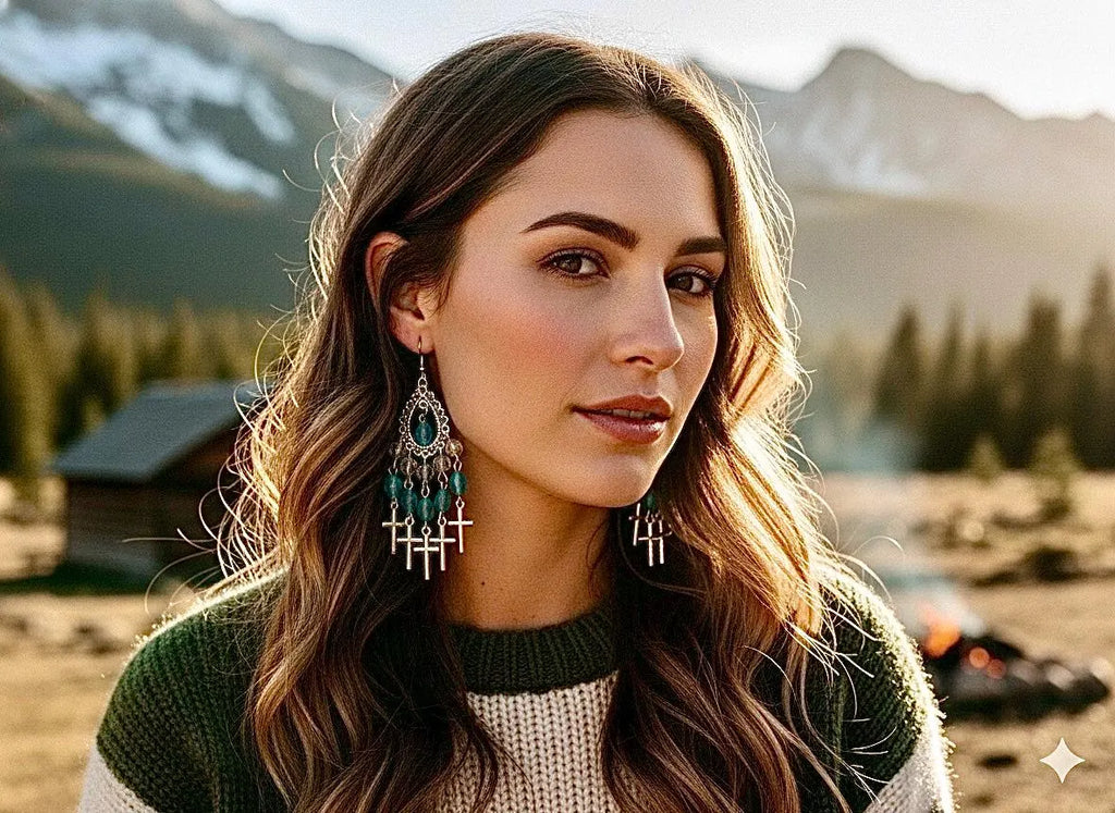 Silver cross drop earrings with blue iridescent glass and dangling tassels
