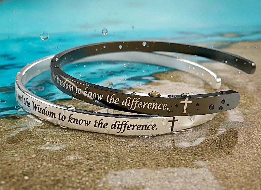Black stainless steel serenity prayer cuff bracelet with cross engraving, slim bangle