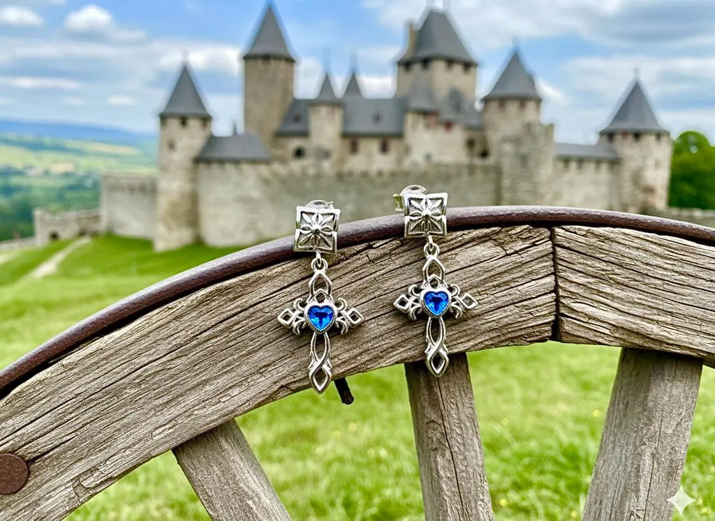 Sterling silver cross dangle earrings with blue zircon heart accents