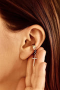 Sterling silver cross dangle ear cuff with hoop and hinge, no-pierce style