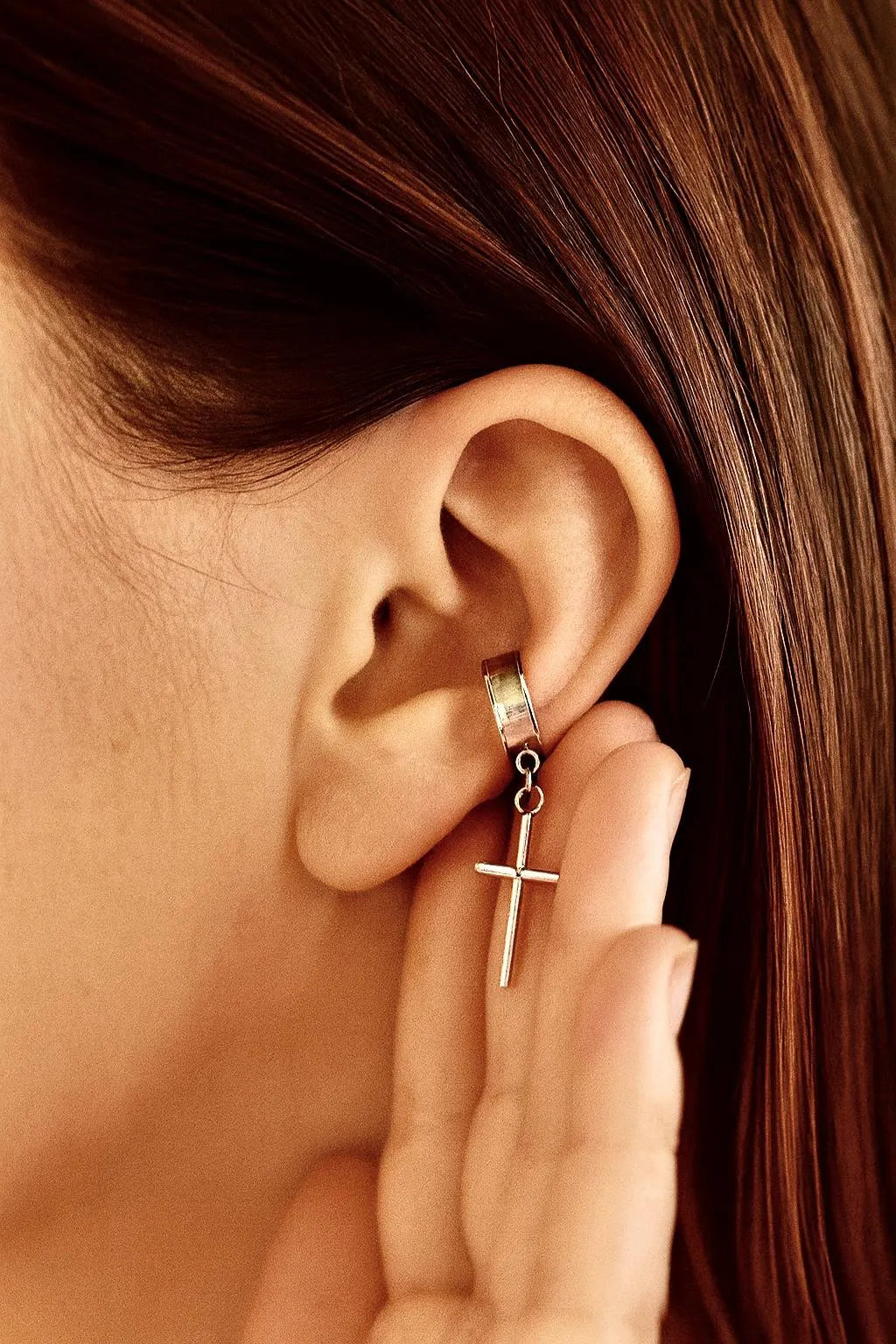 Sterling silver cross dangle ear cuff with hoop and hinge, no-pierce style