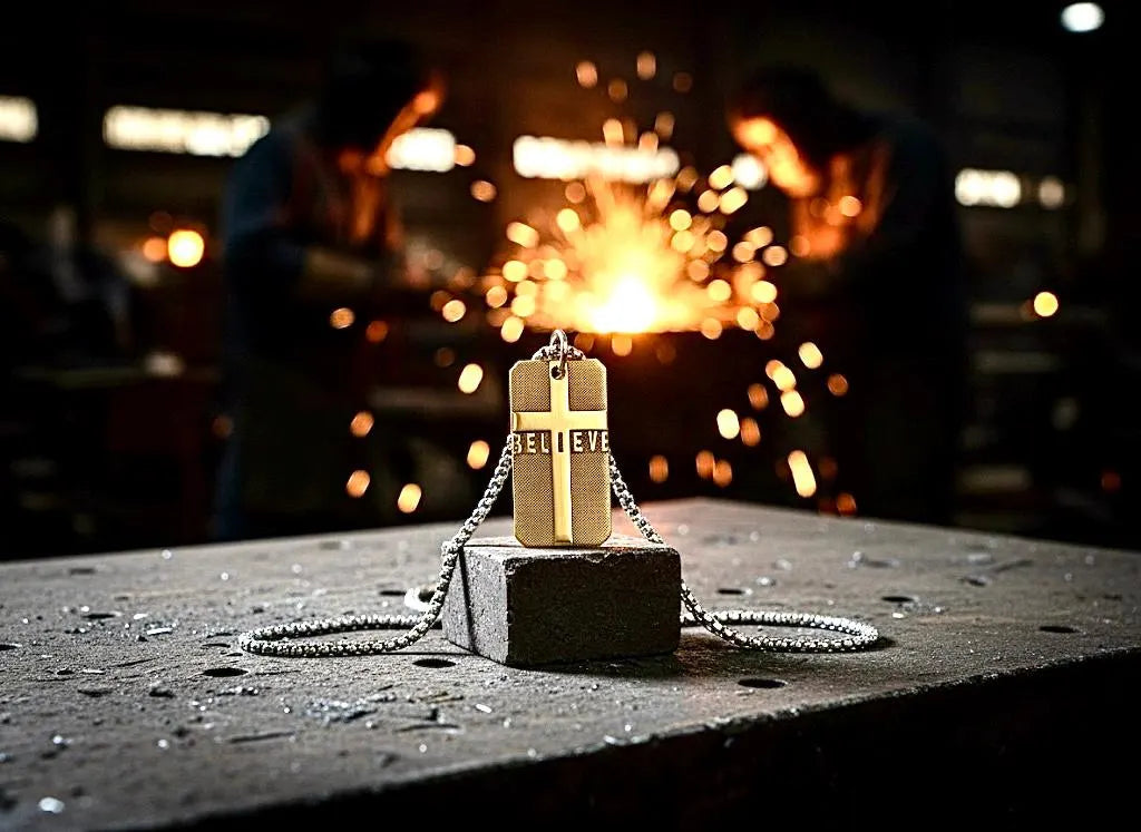 Gold-tone dog tag cross necklace pendant with 'BELIEVE' engraved on front