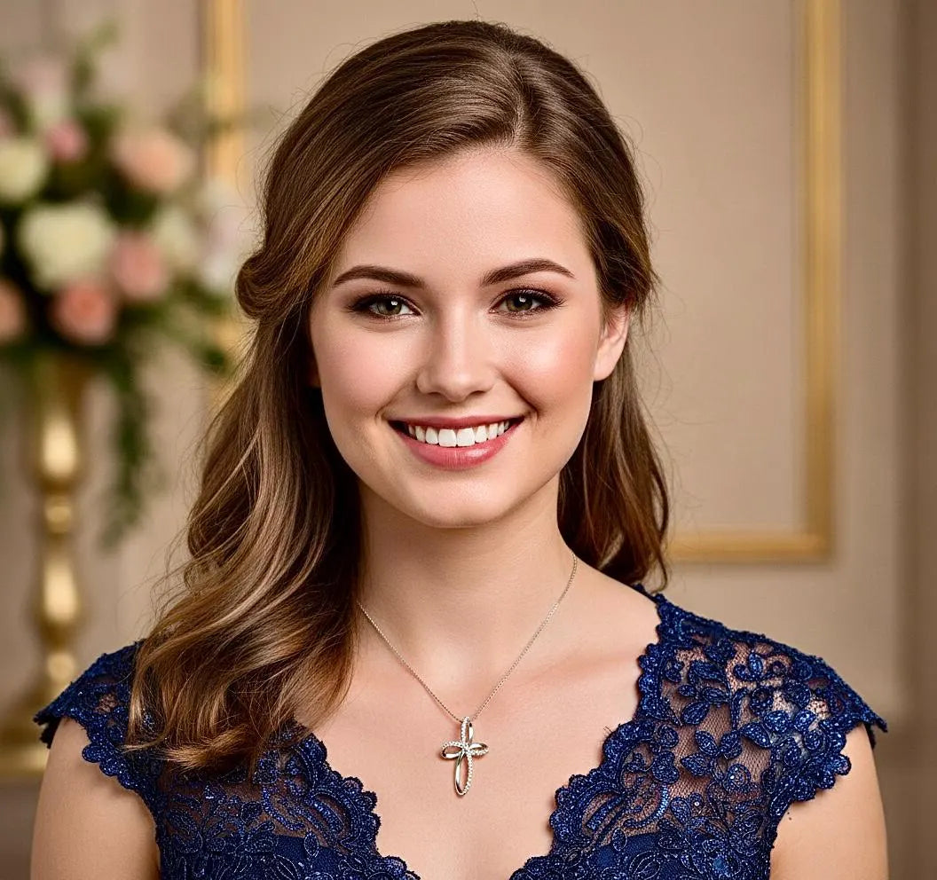 Sterling silver swirl cross necklace with clear CZ stones on a woman’s neckline