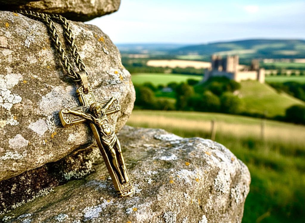 Bronze crucifix pendant necklace with heavy link chain, close-up.